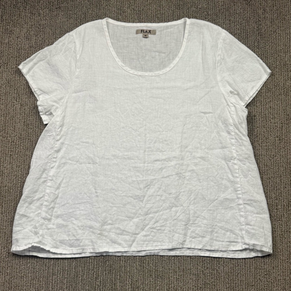 Flax Linen Short Sleeve Scoop Neck Shirt Womens M Oversized Boxy Lagenlook White